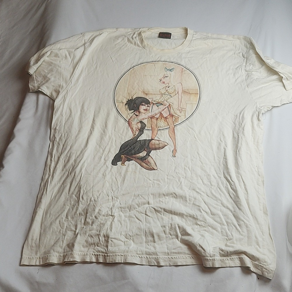 Lowbrow Art Co Graphic T-Shirt Pin-Up Tattoo Girls Cream Men's Size XXL